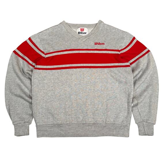 Vintage 80s Gray Red Stripe Sweatshirt V Neck Athletic Pullover Retro Sportswear - Picture 1 of 6